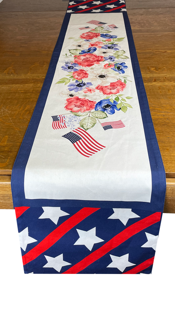 Patriotic Floral Cloth Table Runner  13" x 72"
