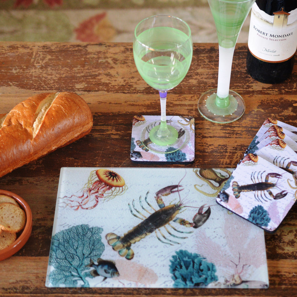 Lobster & Coral Cheese Tray/Cutting Board & Coaster Set - Golden Hill Studio