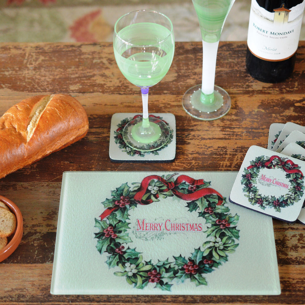 Merry Christmas Wreath Cheese Tray/Cutting Board & Coaster Set - Golden Hill Studio