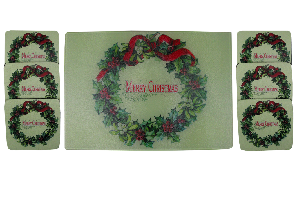 Merry Christmas Wreath Cheese Tray/Cutting Board & Coaster Set - Golden Hill Studio