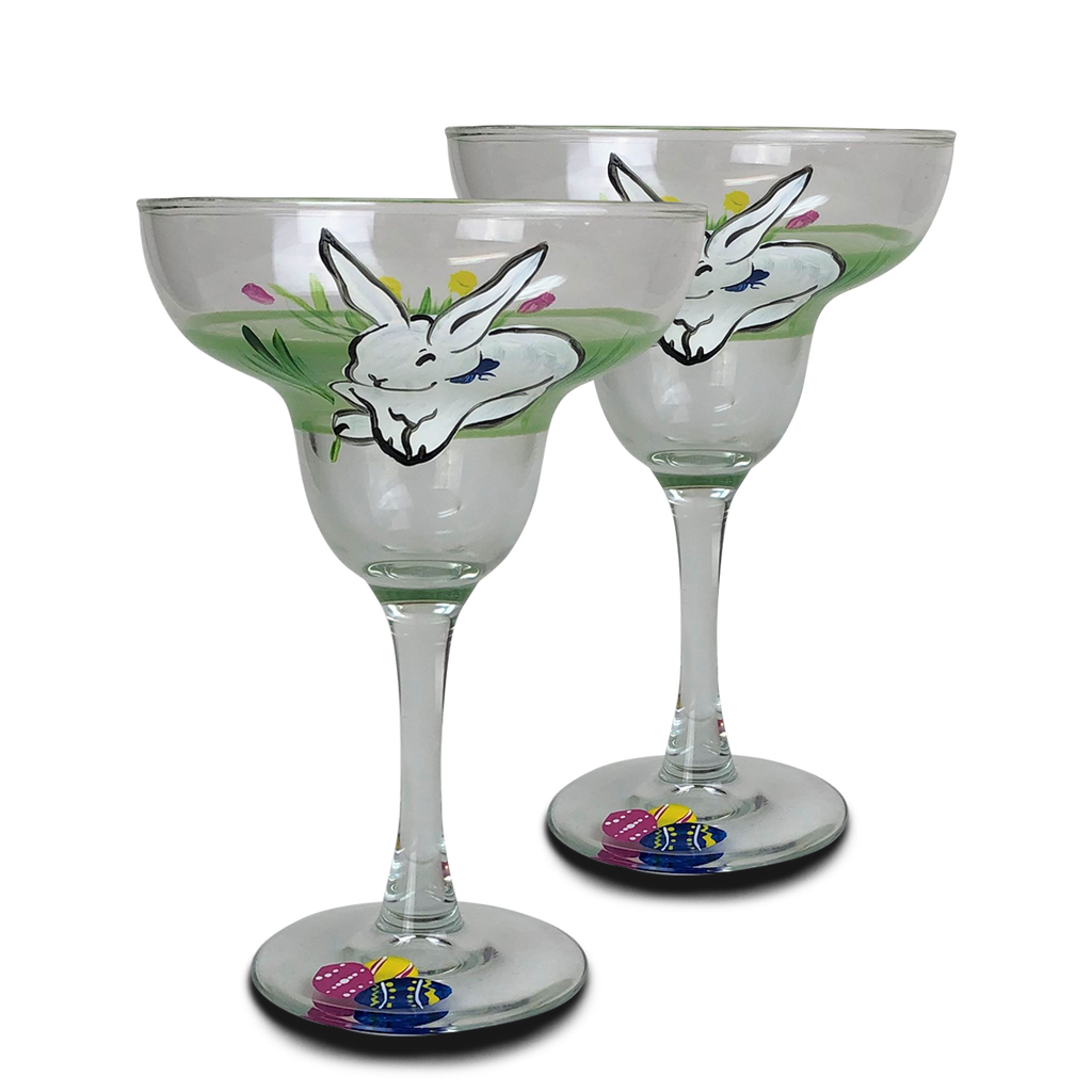 Springtime Bunny and Tulips Margarita Glass S/2 - Golden Hill Studio