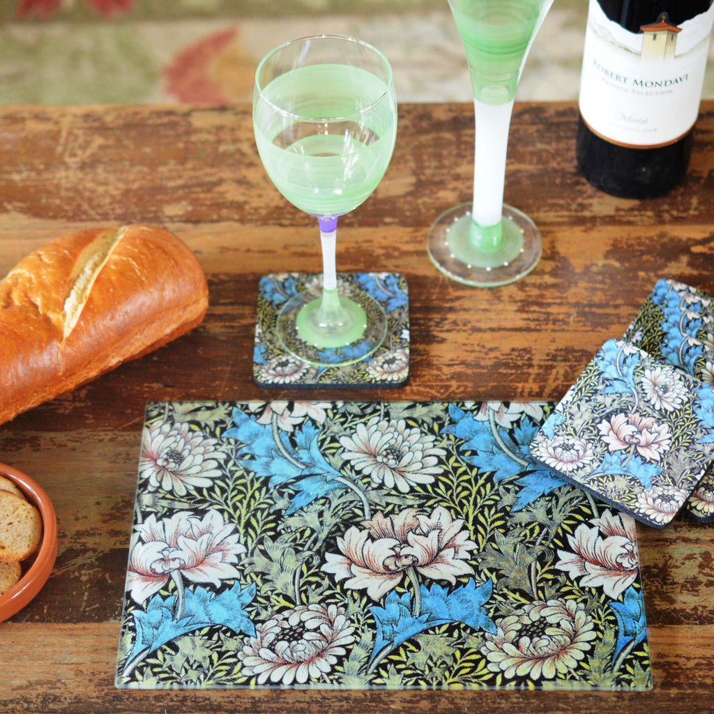 William Morris White Flower Cheese Tray/Cutting Board & Coaster Set - Golden Hill Studio