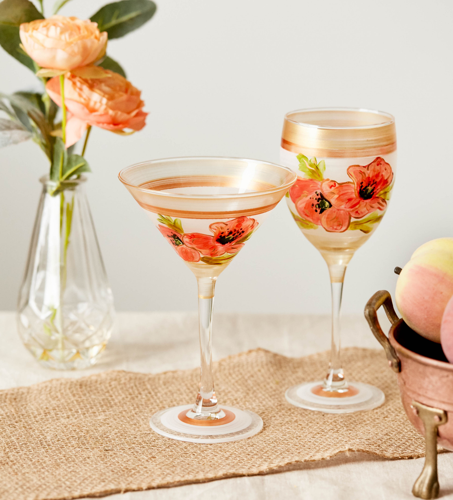 Aesthetic Peony Collection of wine glasses at Golden Hill Studio