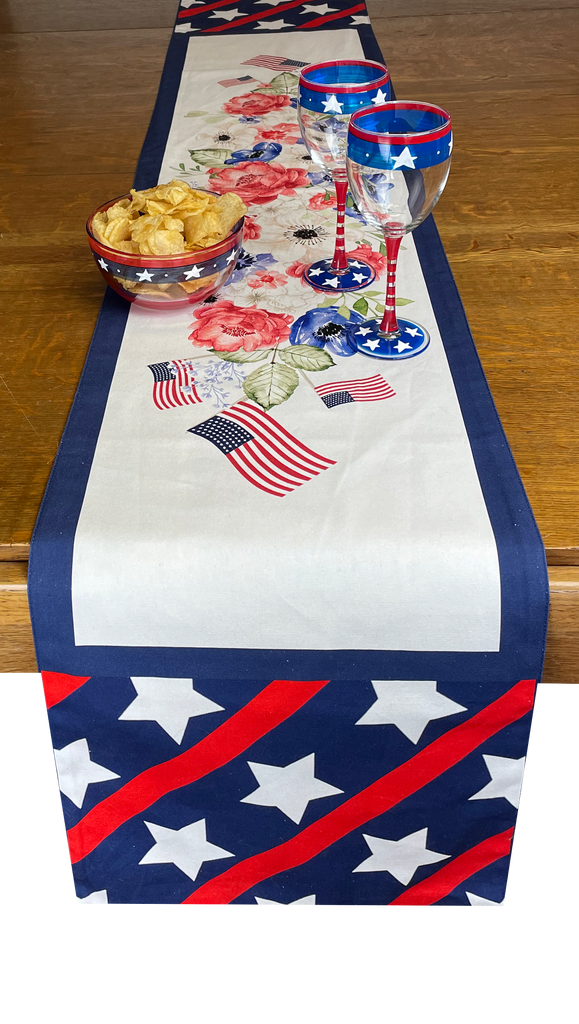 Patriotic Floral Cloth Table Runner  13" x 72"