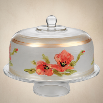 Oriental Poppy Floral Lg Cake Dome and Stand