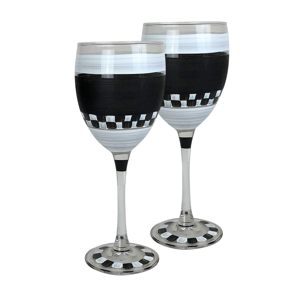 Black & White Checkered Wine S/2
