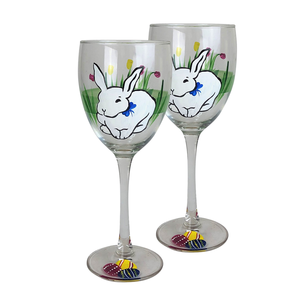 Springtime Bunny and Tulips Wine Glass S/2