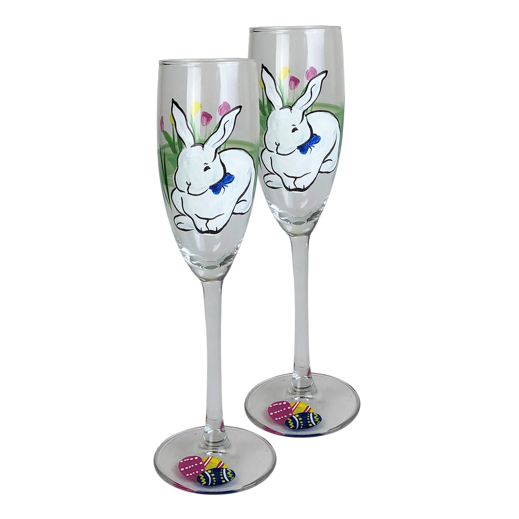 Springtime Bunny and Tulips Champagne Glass S/2