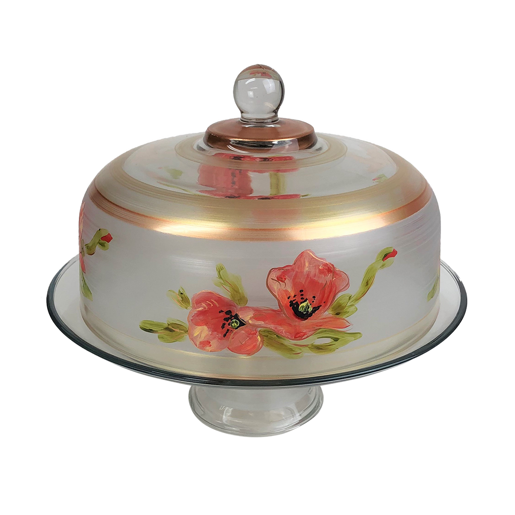 Oriental Poppy Floral Lg Cake Dome and Stand