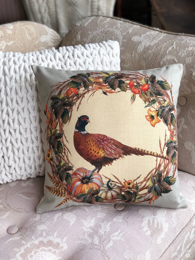 Pheasant Wreath Throw Pillow  18"x18" - Golden Hill Studio