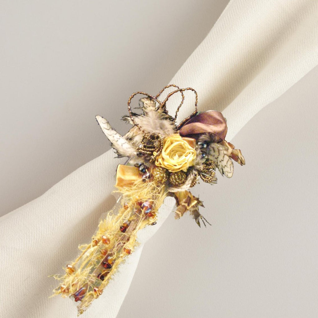 Light Gold Feathers & Ribbons Napkin Rings Set of 4 - Golden Hill Studio