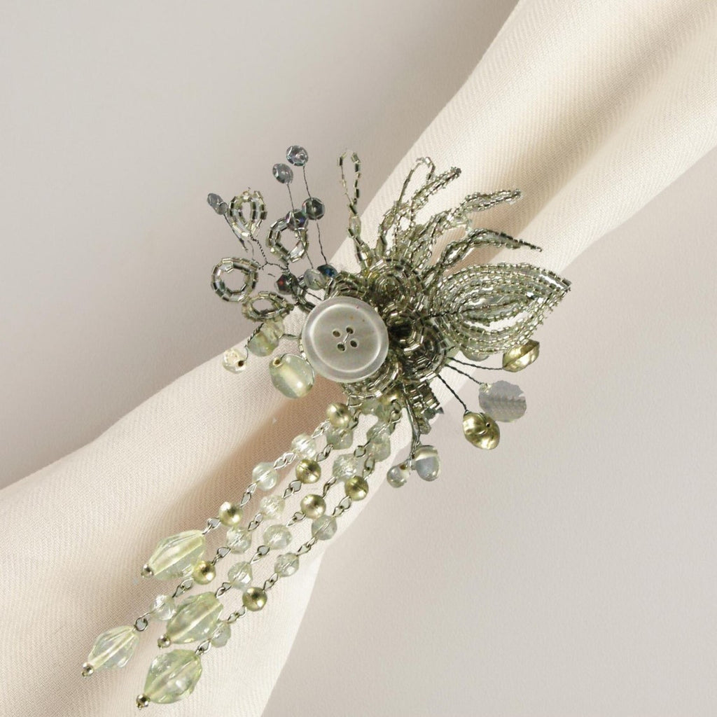 Beaded Silver with Button Napkin Rings Set of 4 - Golden Hill Studio