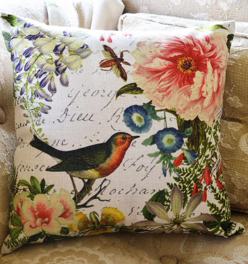 Bird Floral Pillow 18" x 18" - Golden Hill Studio