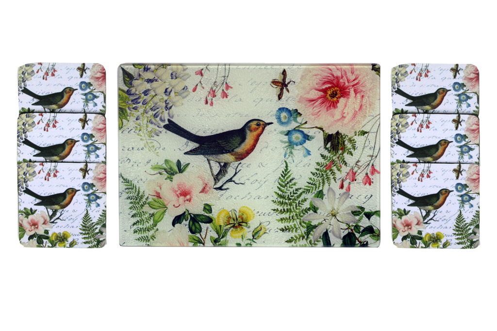 Bird Floral Cheese Tray/Cutting Board & Coaster Set - Golden Hill Studio