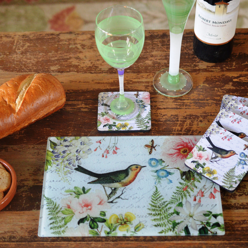 Bird Floral Cheese Tray/Cutting Board & Coaster Set - Golden Hill Studio