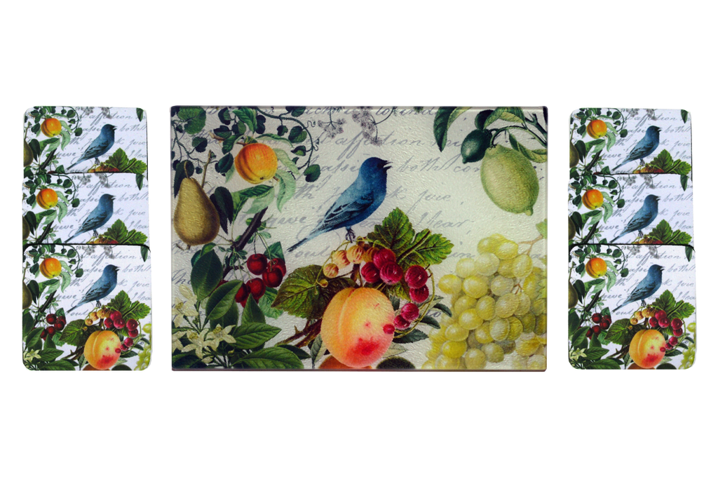 Blue Bird & Fruit Cheese Tray/Cutting Board & Coaster Set - Golden Hill Studio