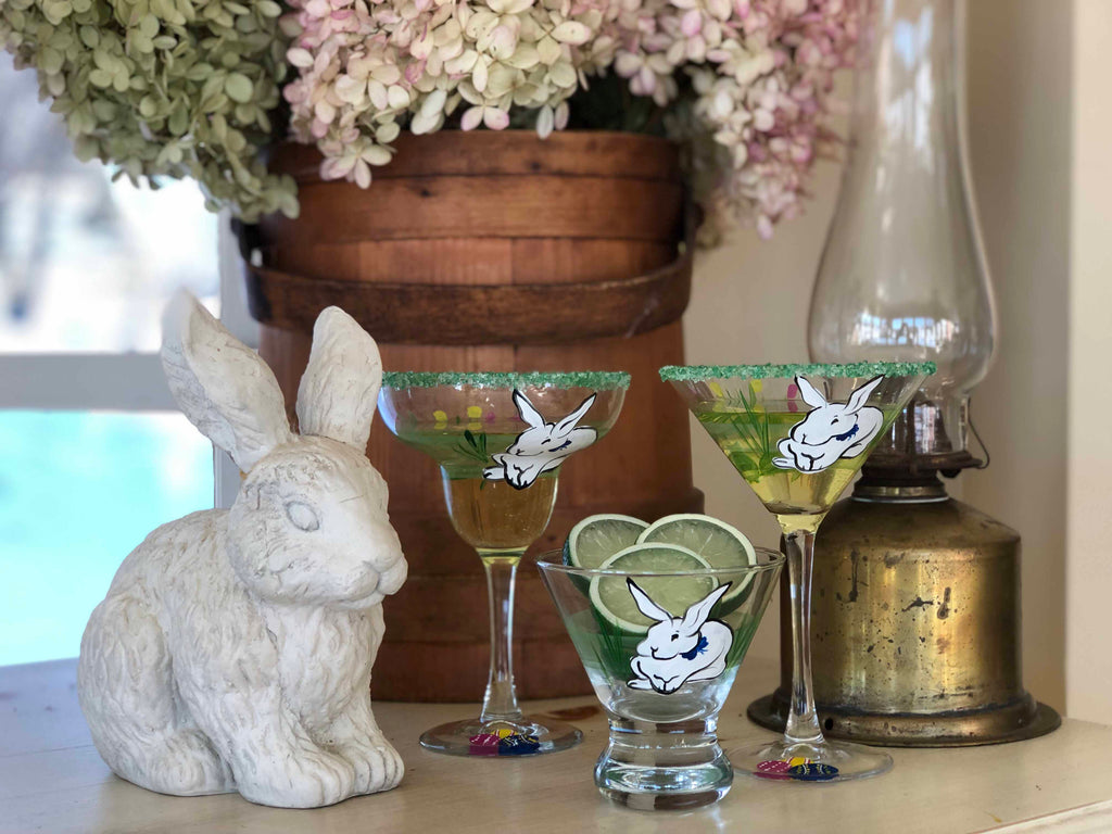Springtime Bunny and Tulips Margarita Glass S/2 - Golden Hill Studio