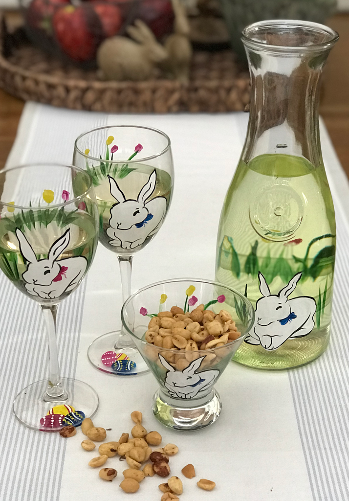Springtime Bunny and Tulips Wine Glass S/2 - Golden Hill Studio