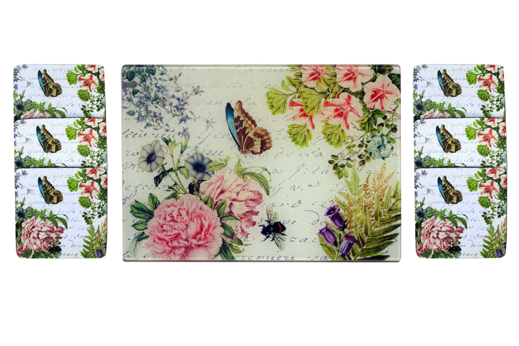Butterfly Floral Cheese Tray/Cutting Board & Coaster Set - Golden Hill Studio