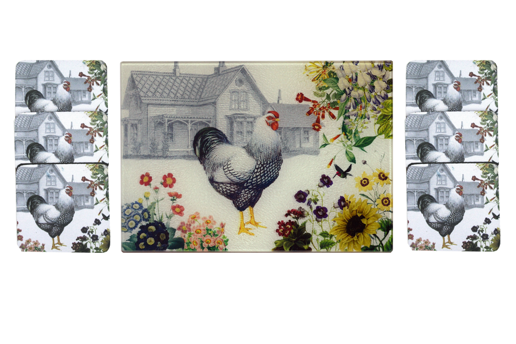 Hen & Farmhouse Cheese Tray/Cutting Board & Coaster Set - Golden Hill Studio