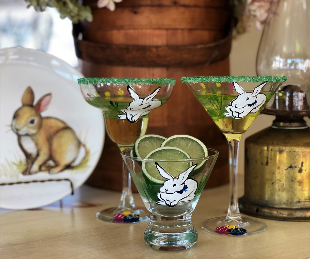 Springtime Bunny and Tulips Martini Glass S/2 - Golden Hill Studio