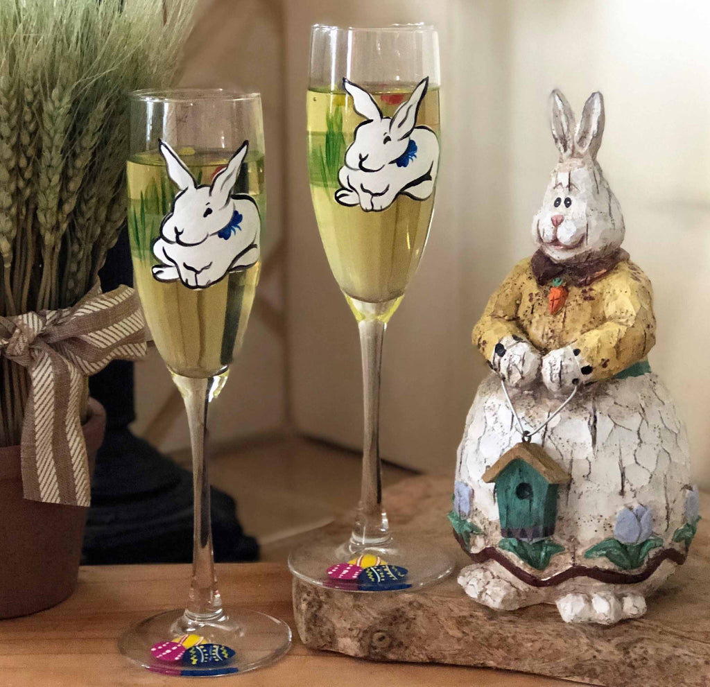 Springtime Bunny and Tulips Champagne Glass S/2 - Golden Hill Studio
