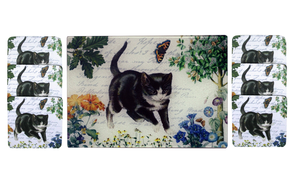 Kitten & Butterfly Cheese Tray/Cutting Board & Coaster Set - Golden Hill Studio