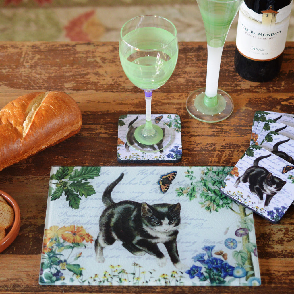Kitten & Butterfly Cheese Tray/Cutting Board & Coaster Set - Golden Hill Studio