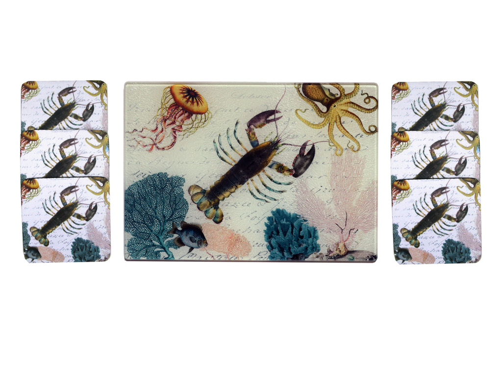 Lobster & Coral Cheese Tray/Cutting Board & Coaster Set - Golden Hill Studio