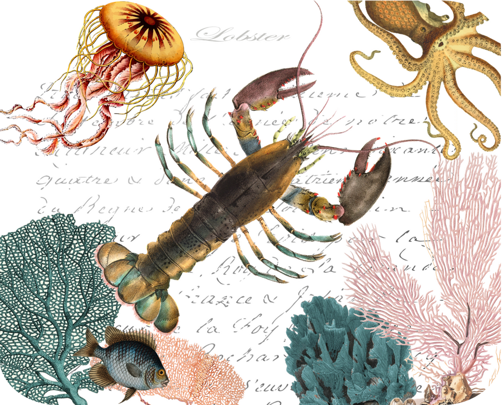 Lobster & Coral Nautical Hot Plate/Mouse Pad  9 1/2" x 7 3/4" - Golden Hill Studio