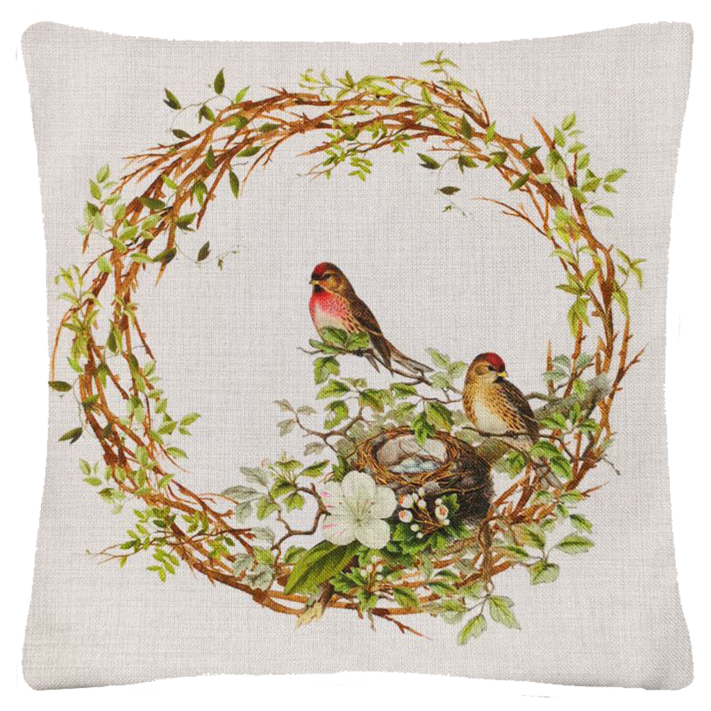 Bird Nest Wreath Throw Pillow  18"x18" - Golden Hill Studio