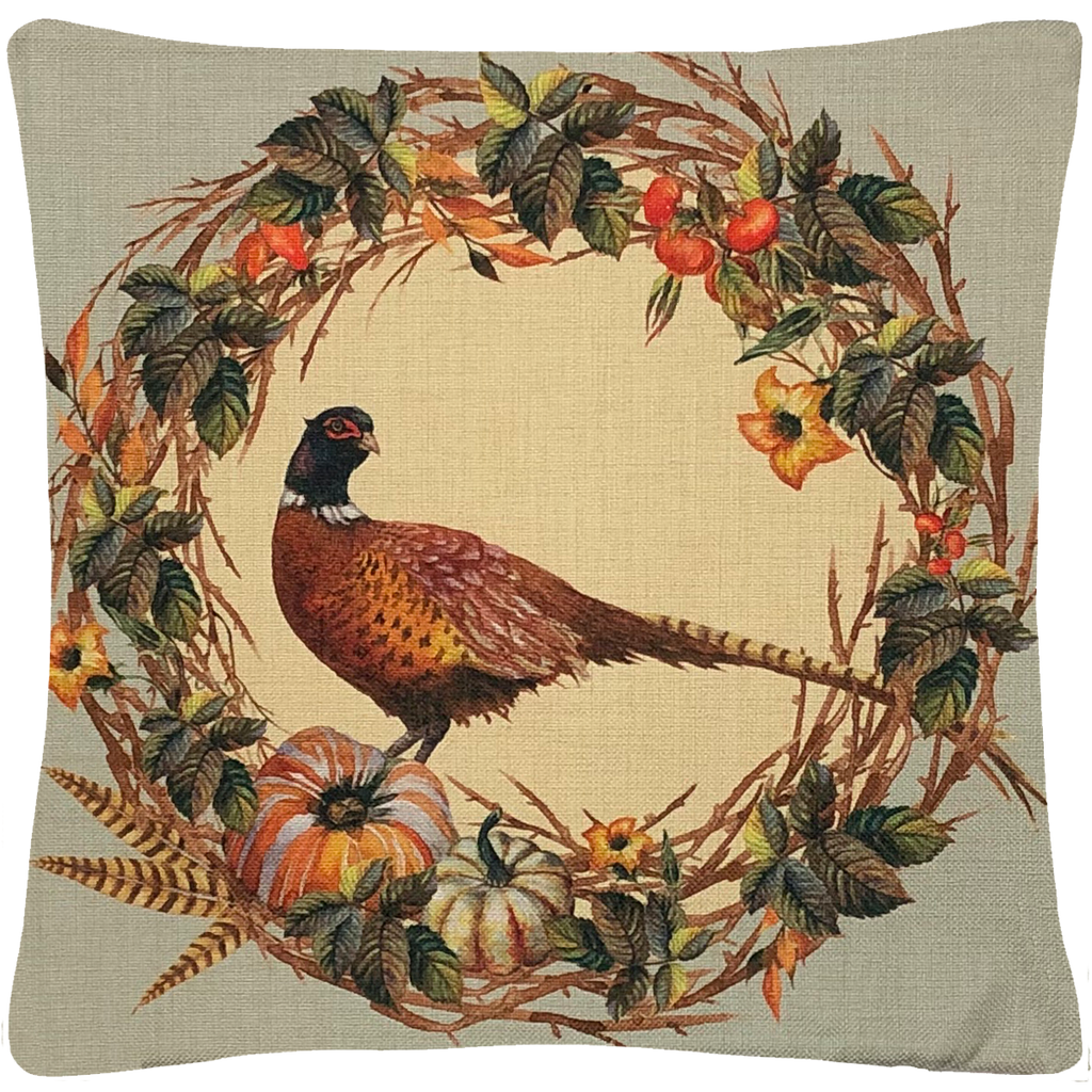 Pheasant Wreath Throw Pillow  18"x18" - Golden Hill Studio