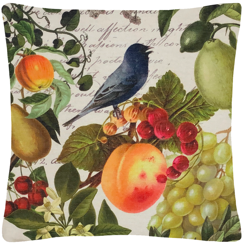 Blue Bird and Fruit Pillow 18" x 18" - Golden Hill Studio