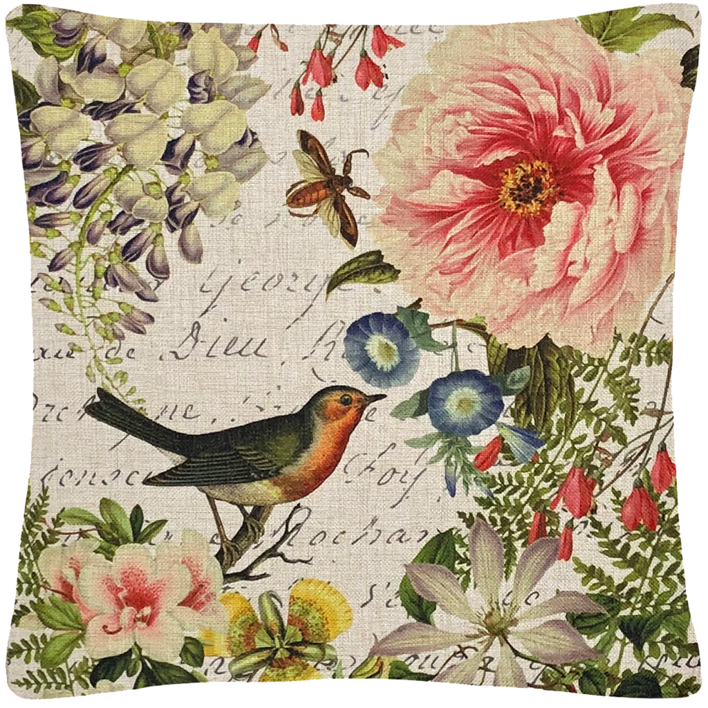 Bird Floral Pillow 18" x 18" - Golden Hill Studio