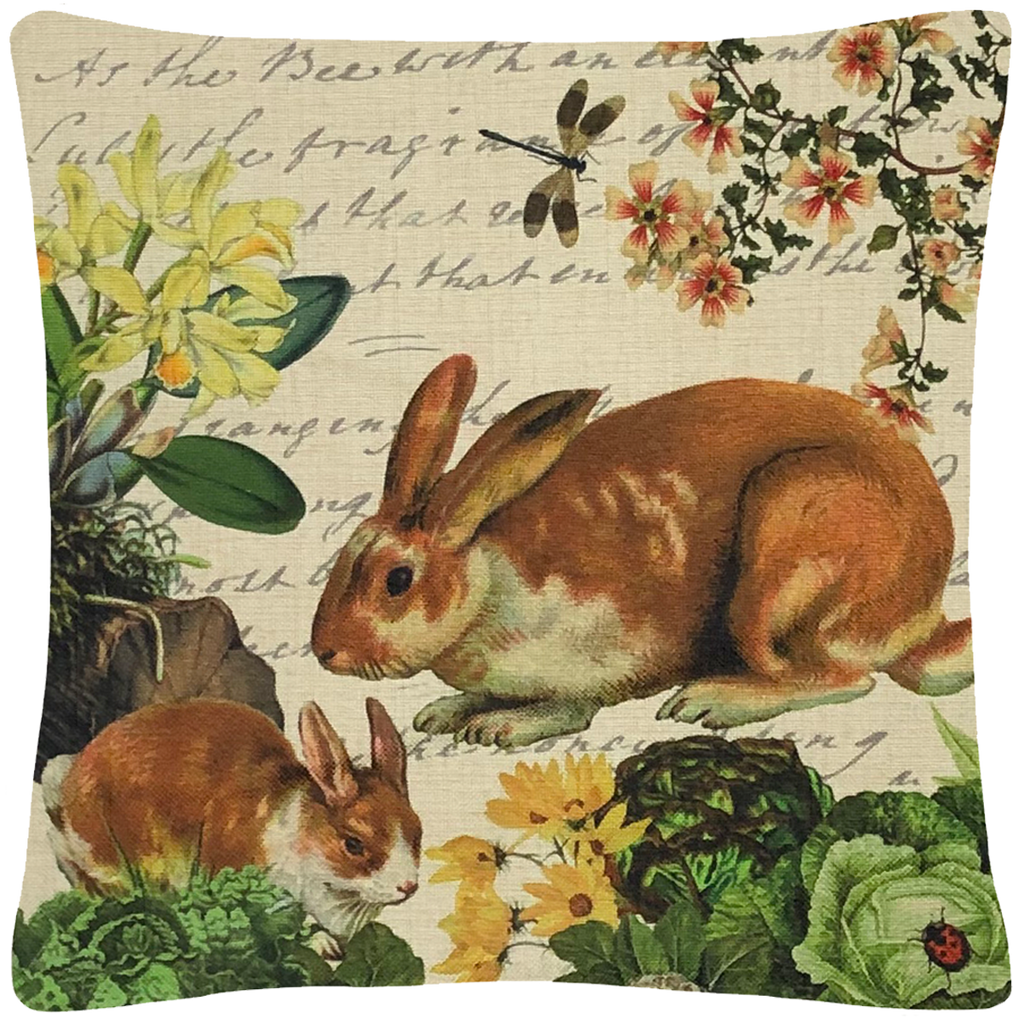 Bunny and Dragonfly Pillow 18" x 18" - Golden Hill Studio