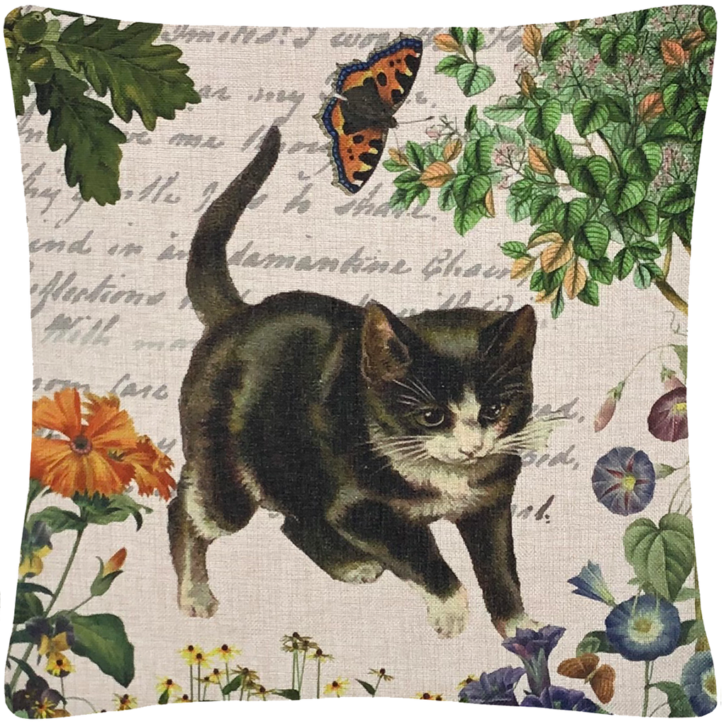 Kitten and Butterfly Pillow 18" x 18" - Golden Hill Studio