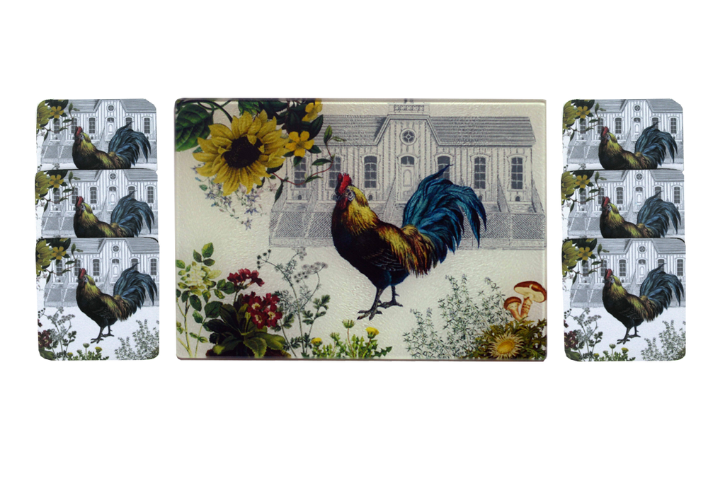 Rooster & Hen House Cheese Tray/Cutting Board & Coaster Set - Golden Hill Studio
