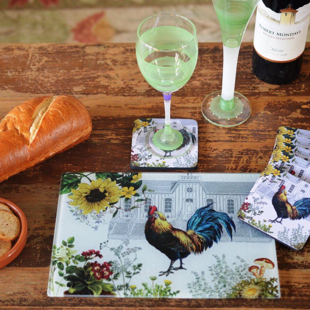 Rooster & Hen House Cheese Tray/Cutting Board & Coaster Set - Golden Hill Studio