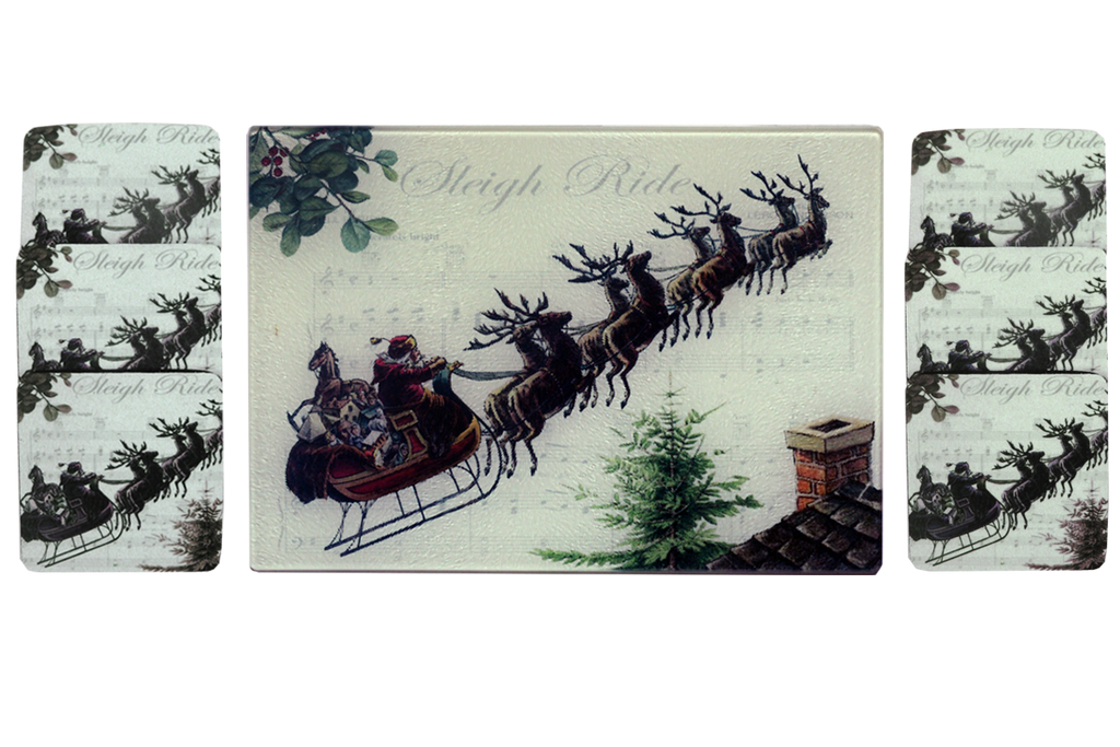 Santa & Sleigh Bells Cheese Tray/Cutting Board & Coaster Set - Golden Hill Studio