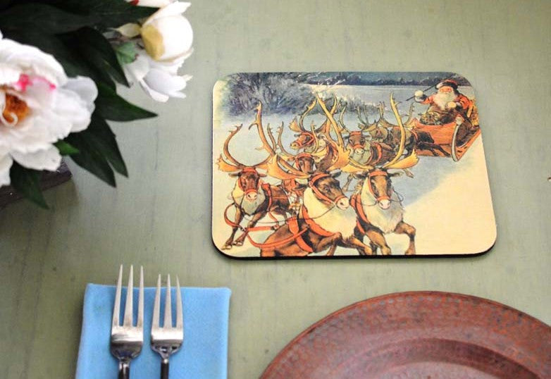 Santa with Reindeer Hot Pads/Mouse Pads - Golden Hill Studio