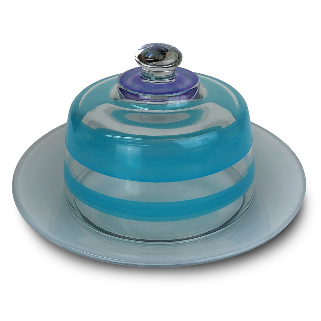 Cape Cod Cottage Stripe Turquoise Cheese Dome - Golden Hill Studio