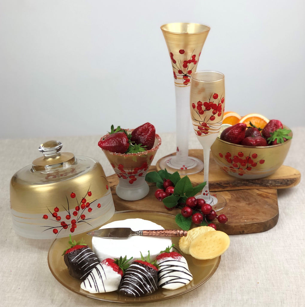 Winter Berries 'n Branches Champagne   S/2 - Golden Hill Studio