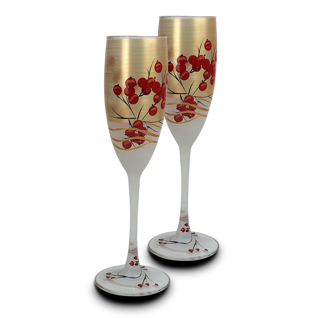 Winter Berries 'n Branches Champagne   S/2 - Golden Hill Studio