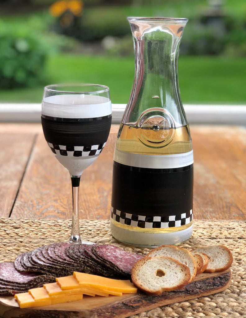 Black & White Checkered Wine S/2 - Golden Hill Studio
