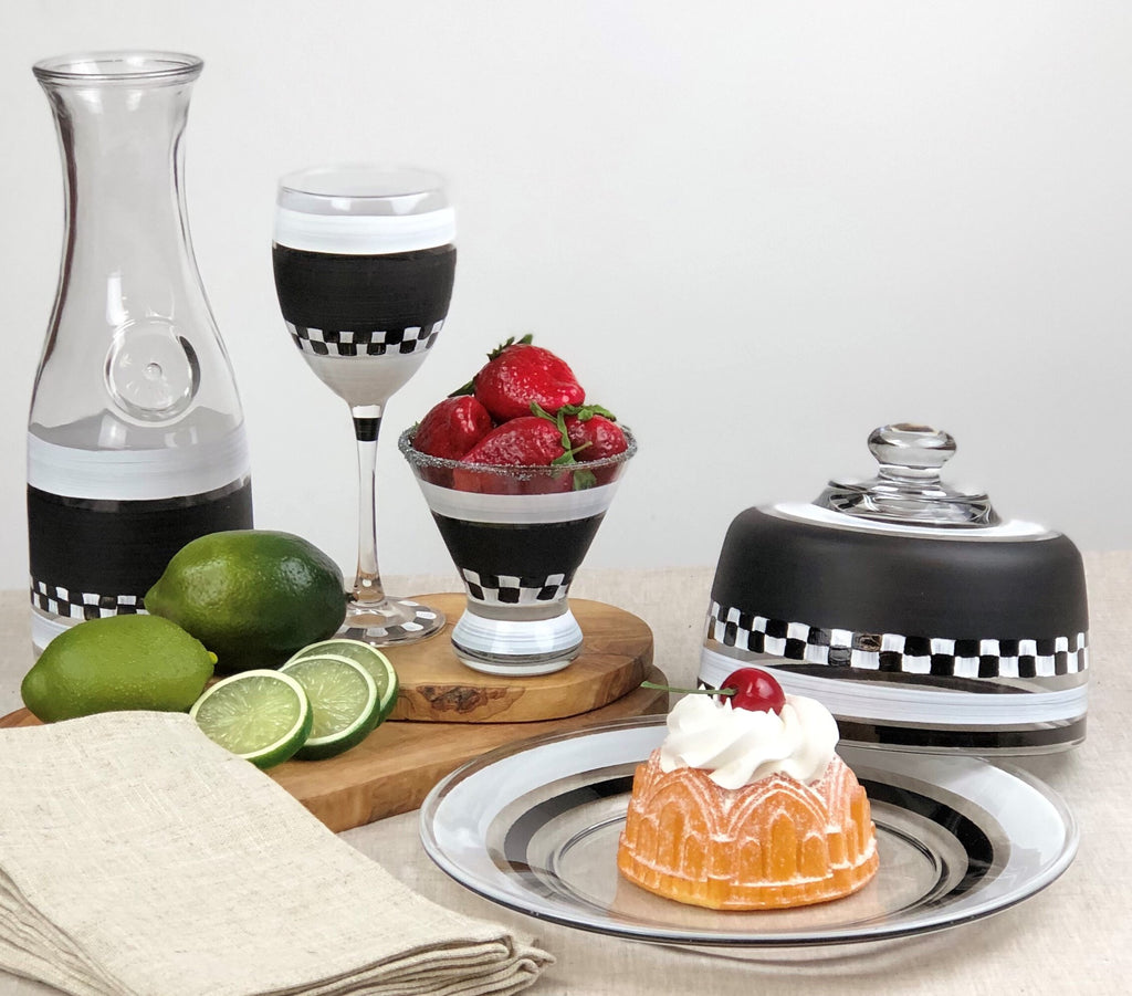 Black & White Checkered Wine S/2 - Golden Hill Studio