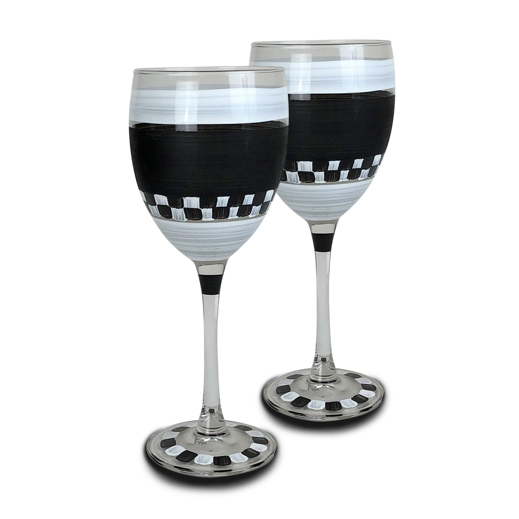 Black & White Checkered Wine S/2 - Golden Hill Studio