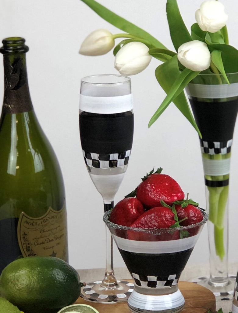 Black & White Checkered Champagne S/2 - Golden Hill Studio