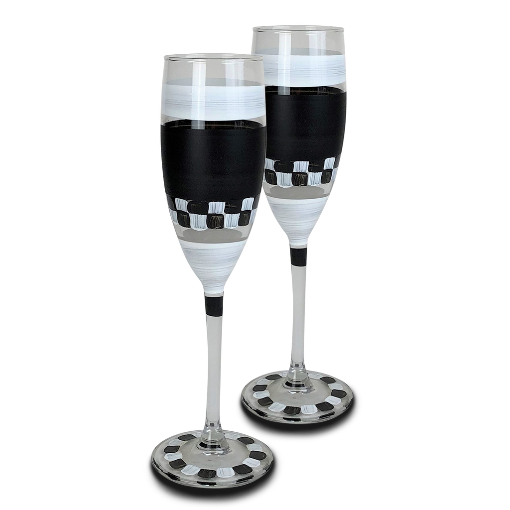 Black & White Checkered Champagne S/2 - Golden Hill Studio