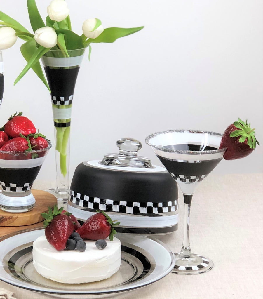 Black & White Checkered Martini S/2 - Golden Hill Studio