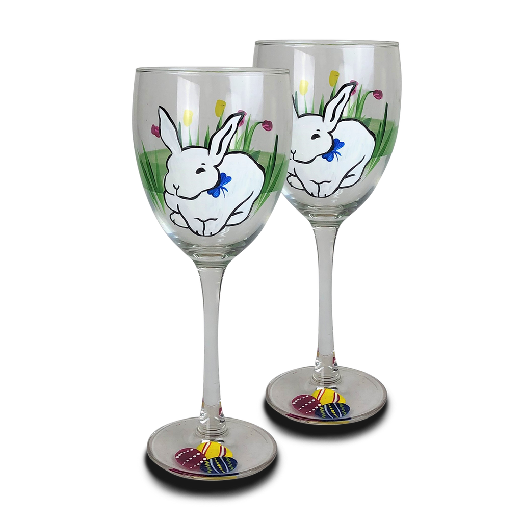 Springtime Bunny and Tulips Wine Glass S/2 - Golden Hill Studio